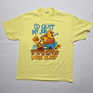 Vintage Funny Work Tee I'd Quit My Job Graphic Yellow Cartoon Bear L Shirt 90s